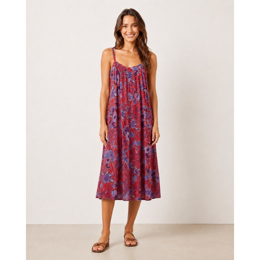 Knox Rose Sun Dress Womens Medium Red Blue Floral Rayon Pockets Adjustable